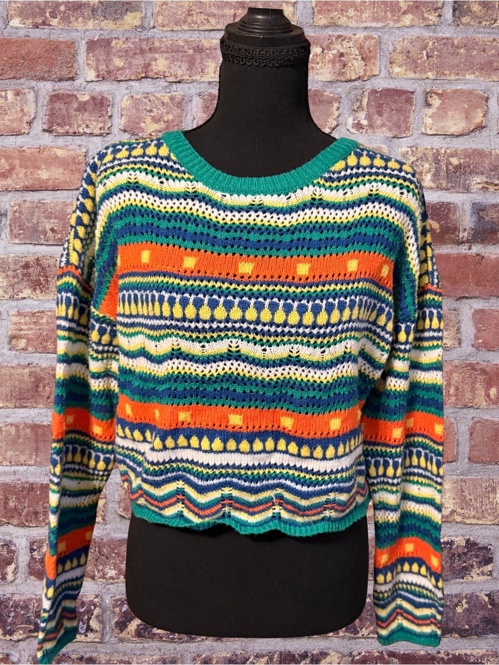 Multicolor Patterned Cropped Knit Sweater - Green, Orange, Yellow. HANDMADE
